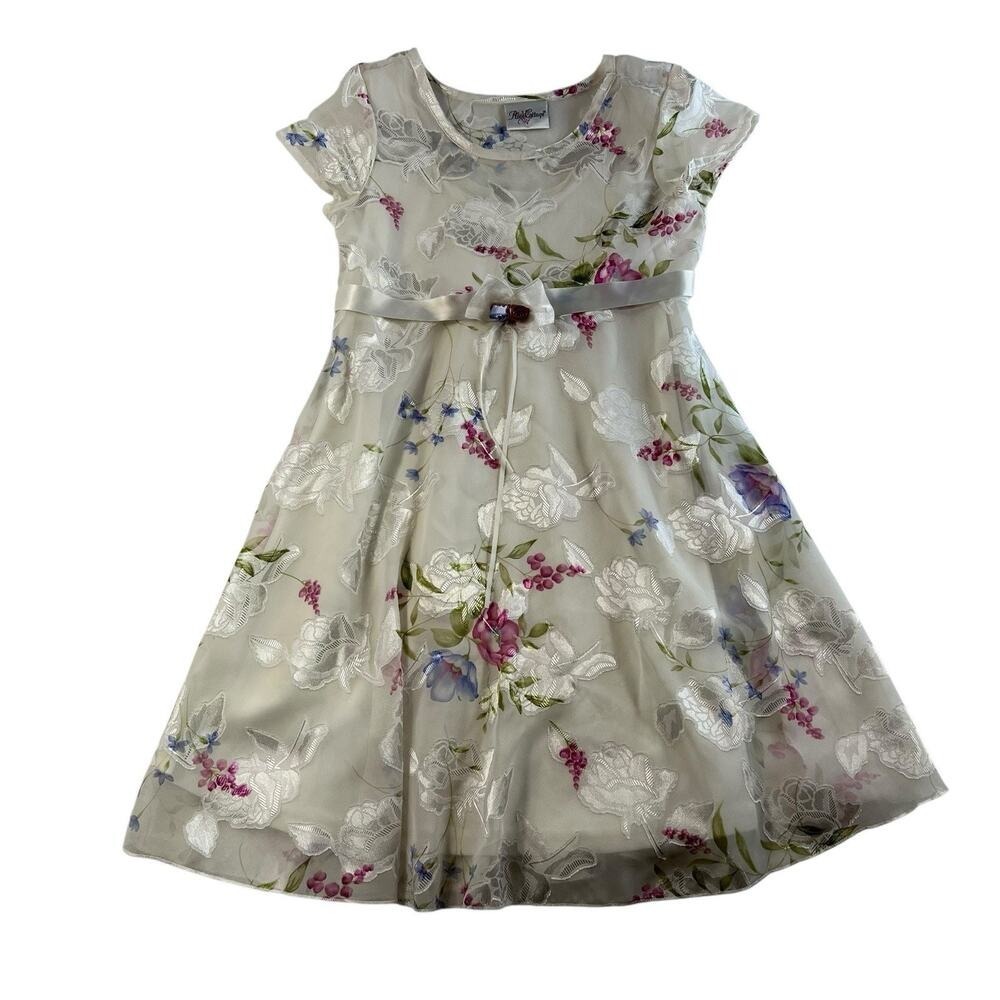 Vtg Rose‎ Cottage Girls Sz 8 Dress Cream Jacquard Floral Sheer Lined Cottagecore